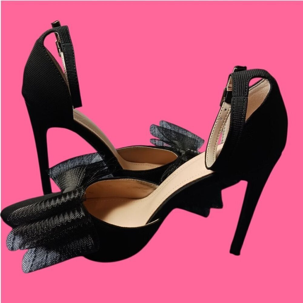 C.Sexy Heels W/Tulle Bow Detail & Ankle Strap Elegant Women Shoes Blk Size 37 - Picture 5 of 16